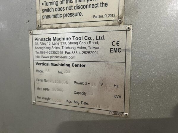 ak machines pinnacle ax320 cnc vertical machining center